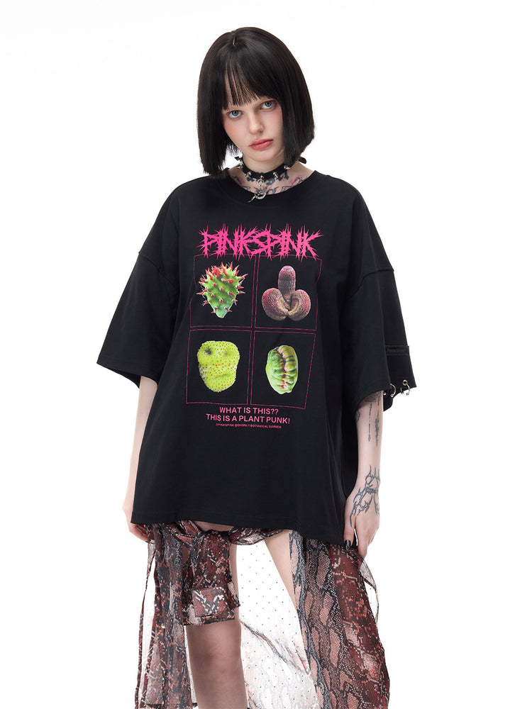 PINKSPINK PLANT PUNK oversized graphic tee in black — close front modeled graphic view repeated in the hero collage