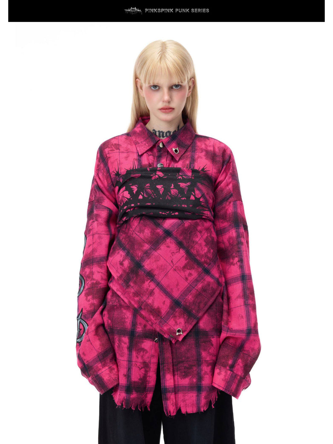 PINKSPINK ELECTRIC MOON distressed oversized plaid shirt in pink and black plaid — close front modeled view styled with a matching chest wrap