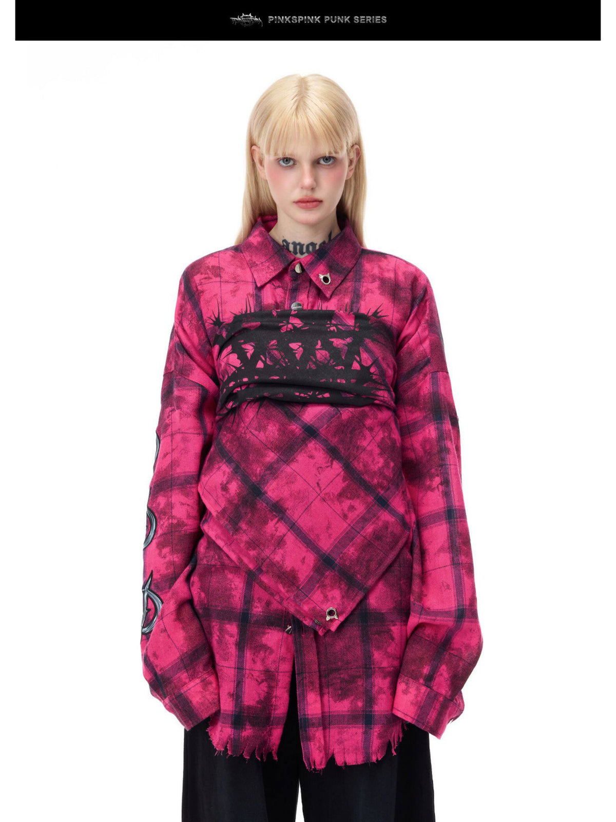 PINKSPINK ELECTRIC MOON distressed oversized plaid shirt in pink and black plaid — close front modeled view styled with a matching chest wrap