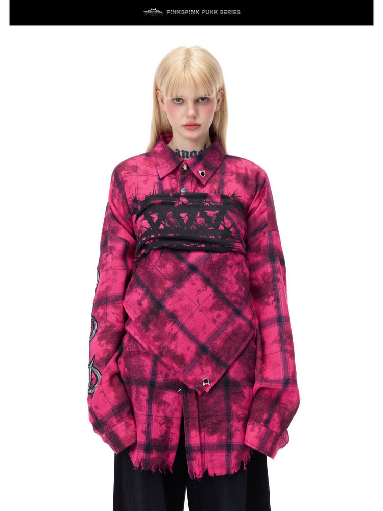 PINKSPINK ELECTRIC MOON distressed oversized plaid shirt in pink and black plaid — close front modeled view styled with a matching chest wrap