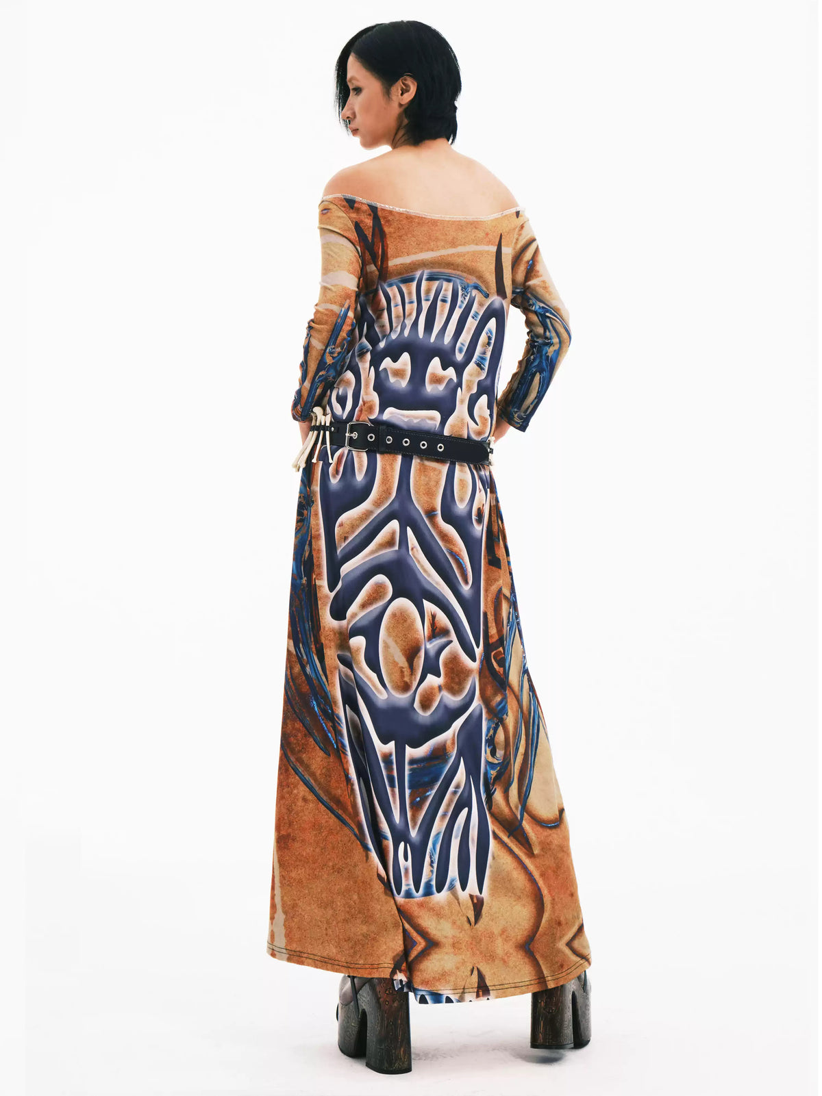 EMBRYO TRIBAL ENTITY off-shoulder maxi dress — back modeled view