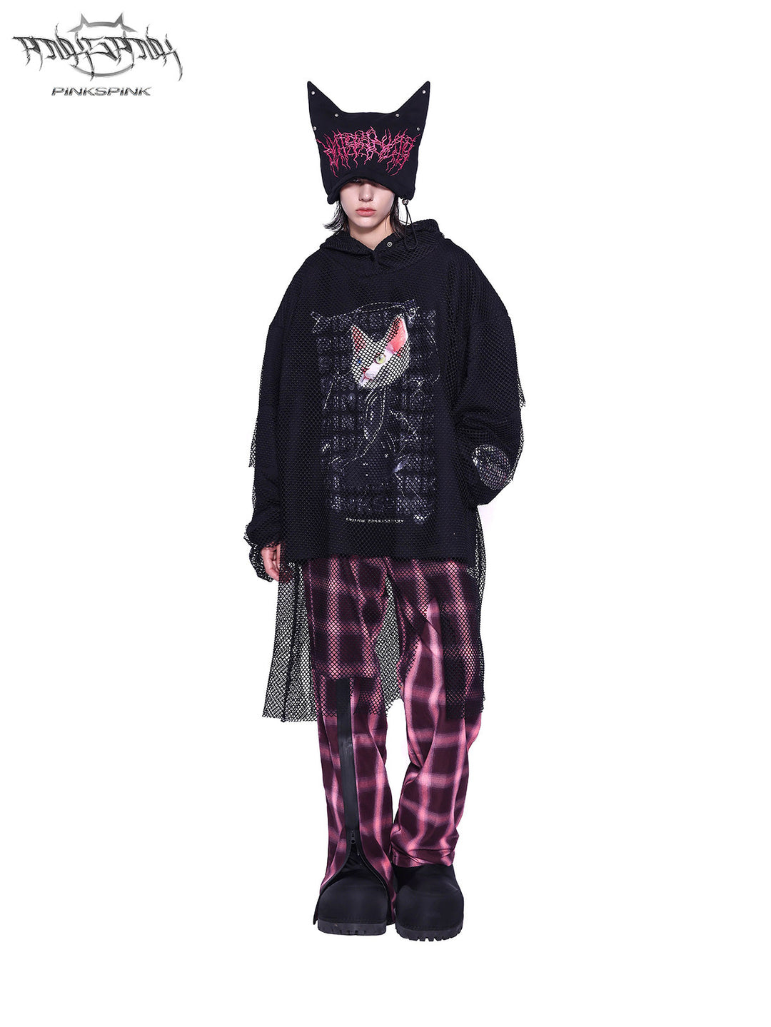 PINKSPINK SPHYNX embroidered cat-ear knit hat — modeled detail view of the garment construction