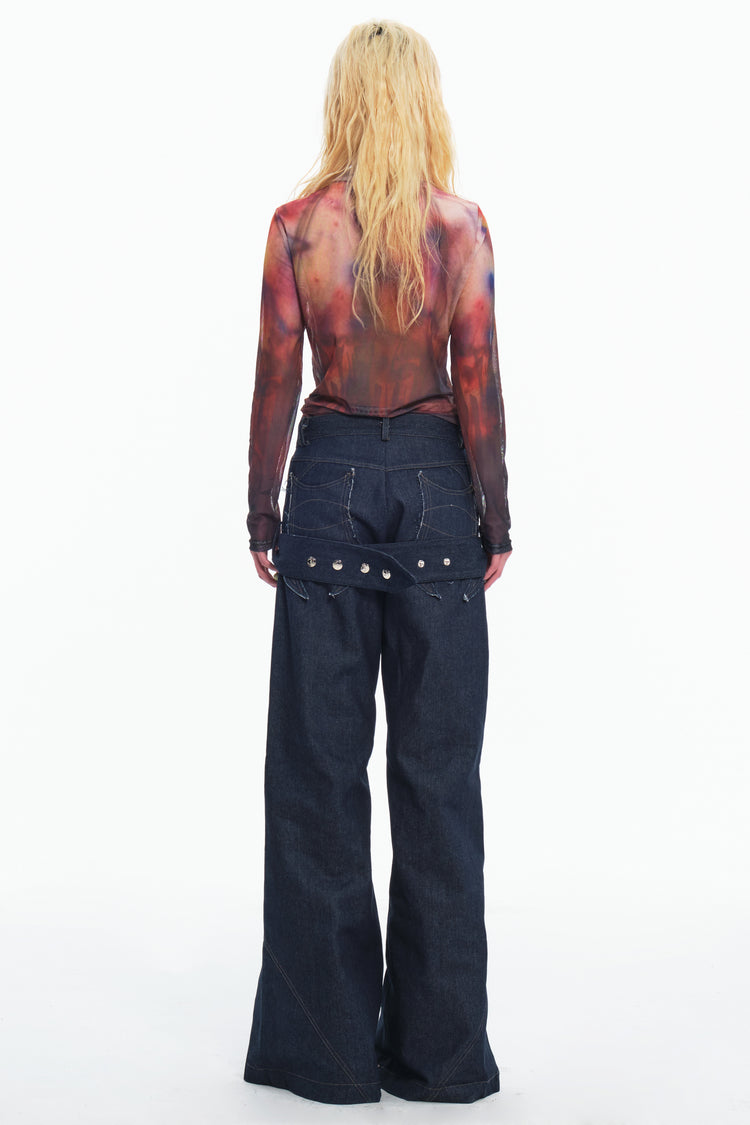 EMBRYO BONE FRAME low-rise flare pants & waist panel — rear modeled view