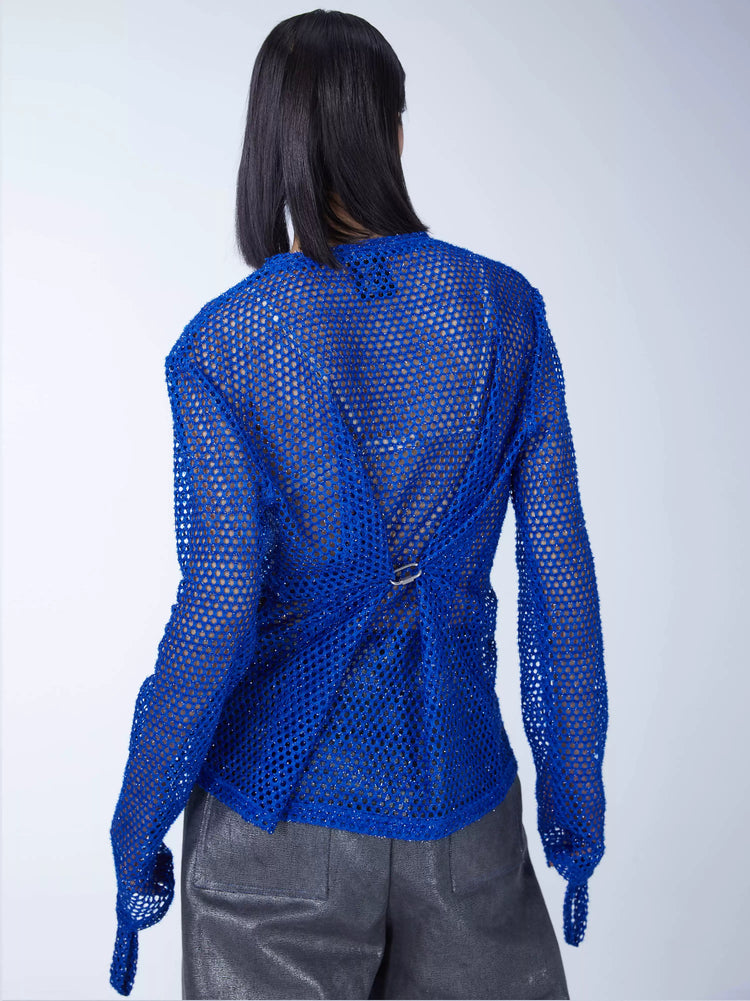 EMBRYO BLUE VOID cutout mesh finger-sleeve top — back modeled view