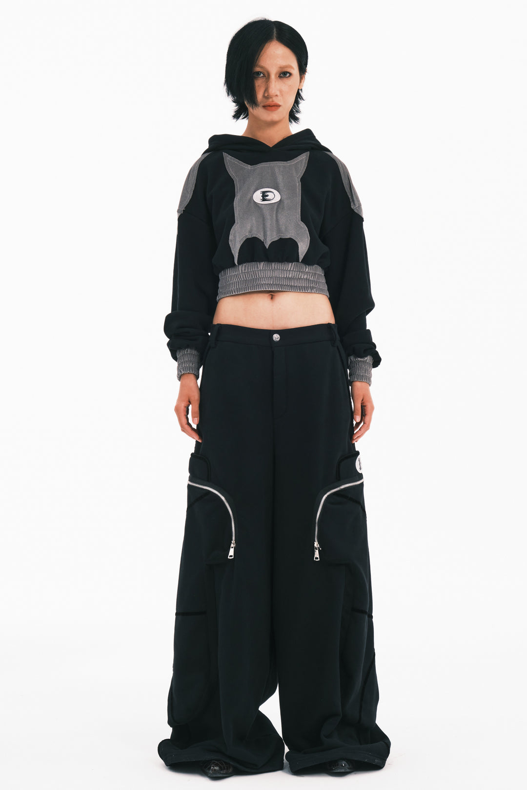 EMBRYO GUARD CORE cropped graphic sweatshirt — full-length modeled view