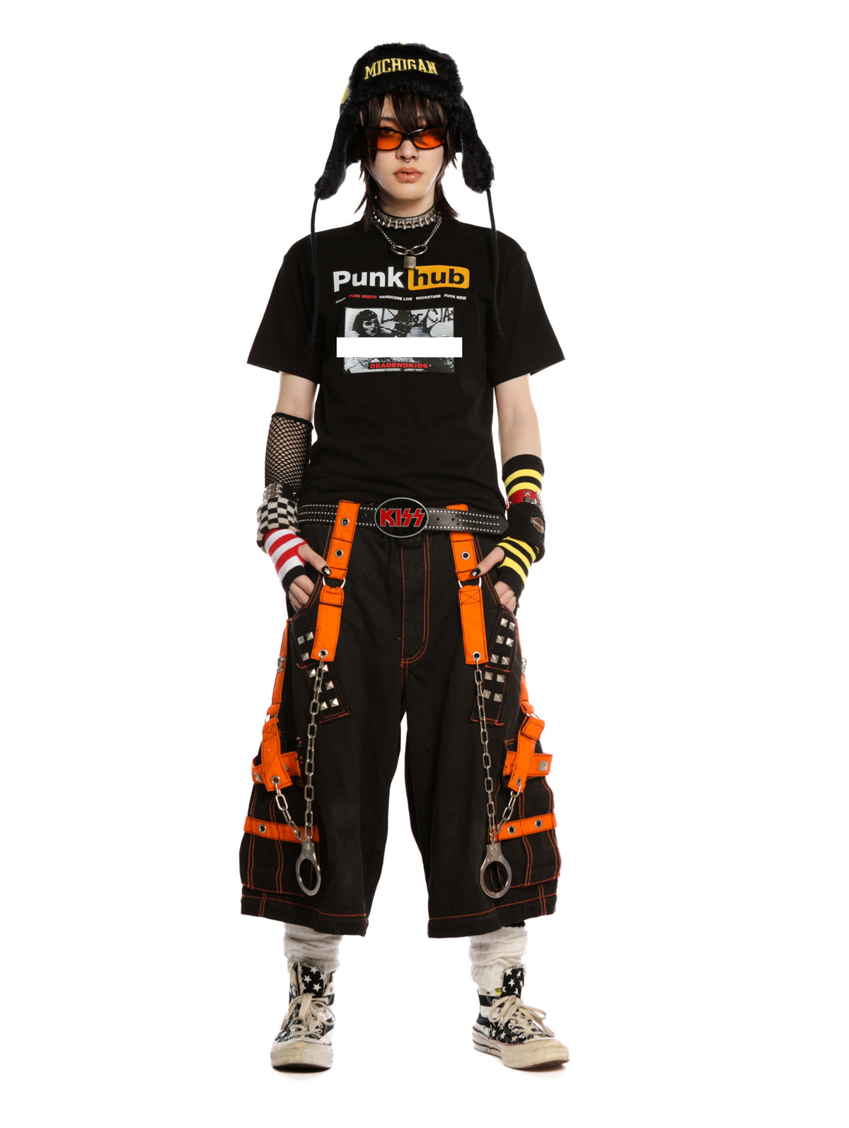 DeadEndKids PunkHub black graphic T-shirt — full-length front gallery view