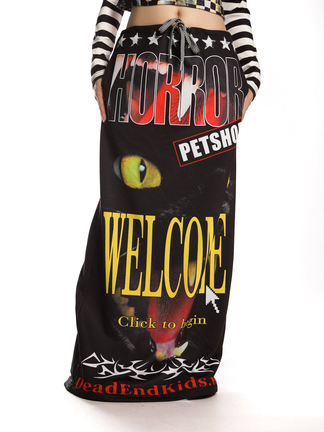 DeadEndKids Horror Petshop black graphic maxi skirt — front print and waistband detail