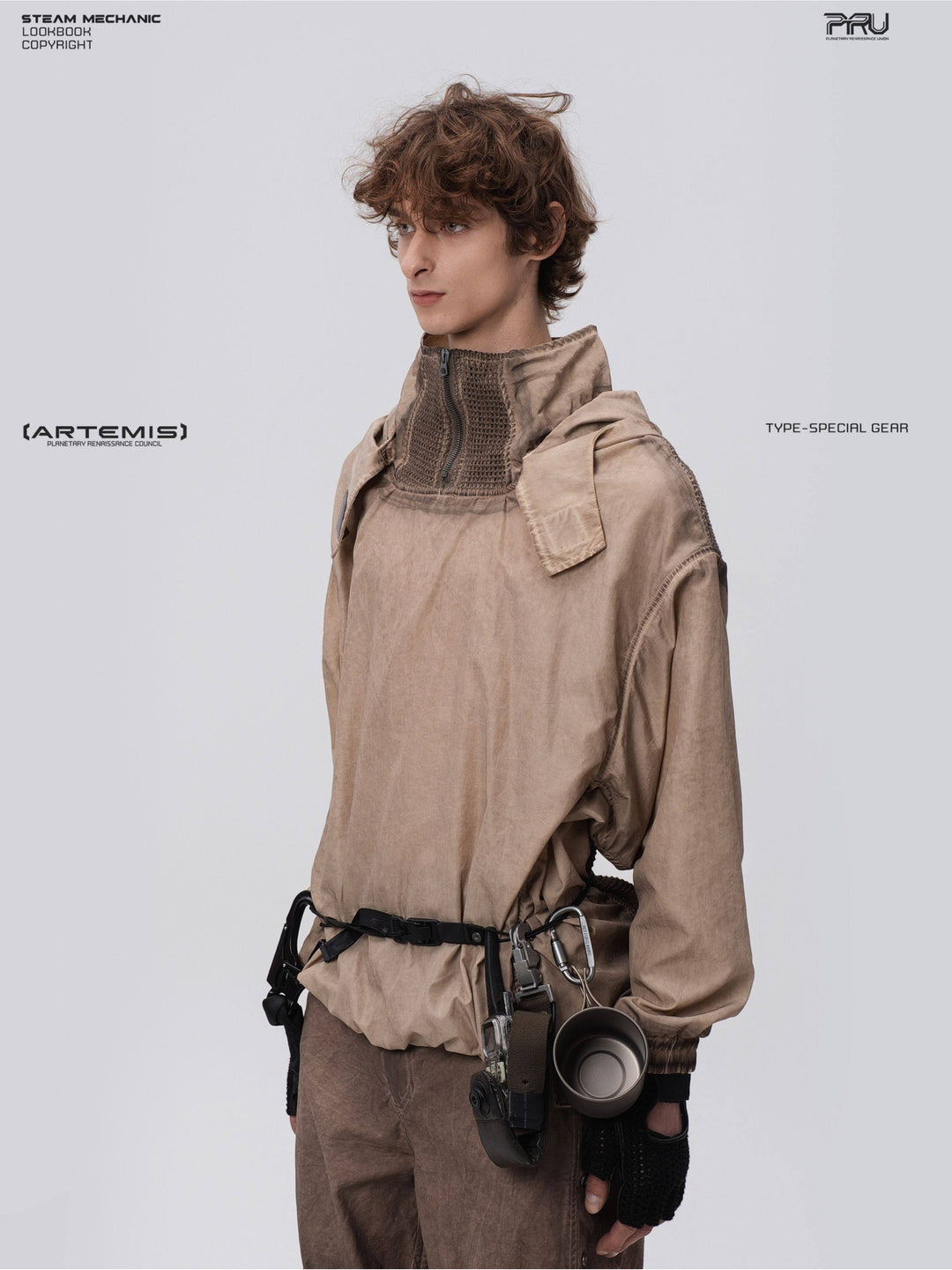 PIONEER detachable-hood mesh hoodie in mercury brown — close modeled three-quarter view showing the geometric front panels