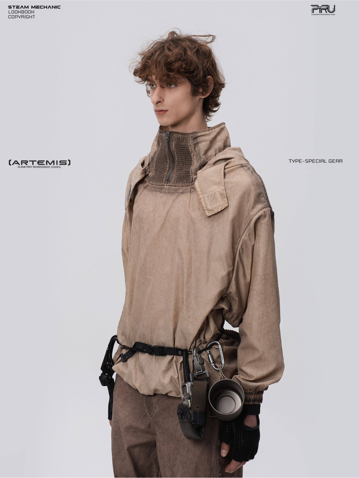PIONEER detachable-hood mesh hoodie in mercury brown — close modeled three-quarter view showing the geometric front panels