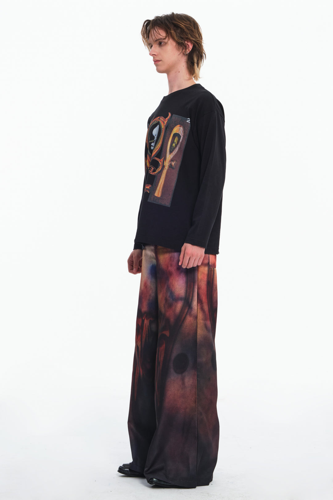 EMBRYO CAVERN CROSS graphic long-sleeve tee — rear modeled view
