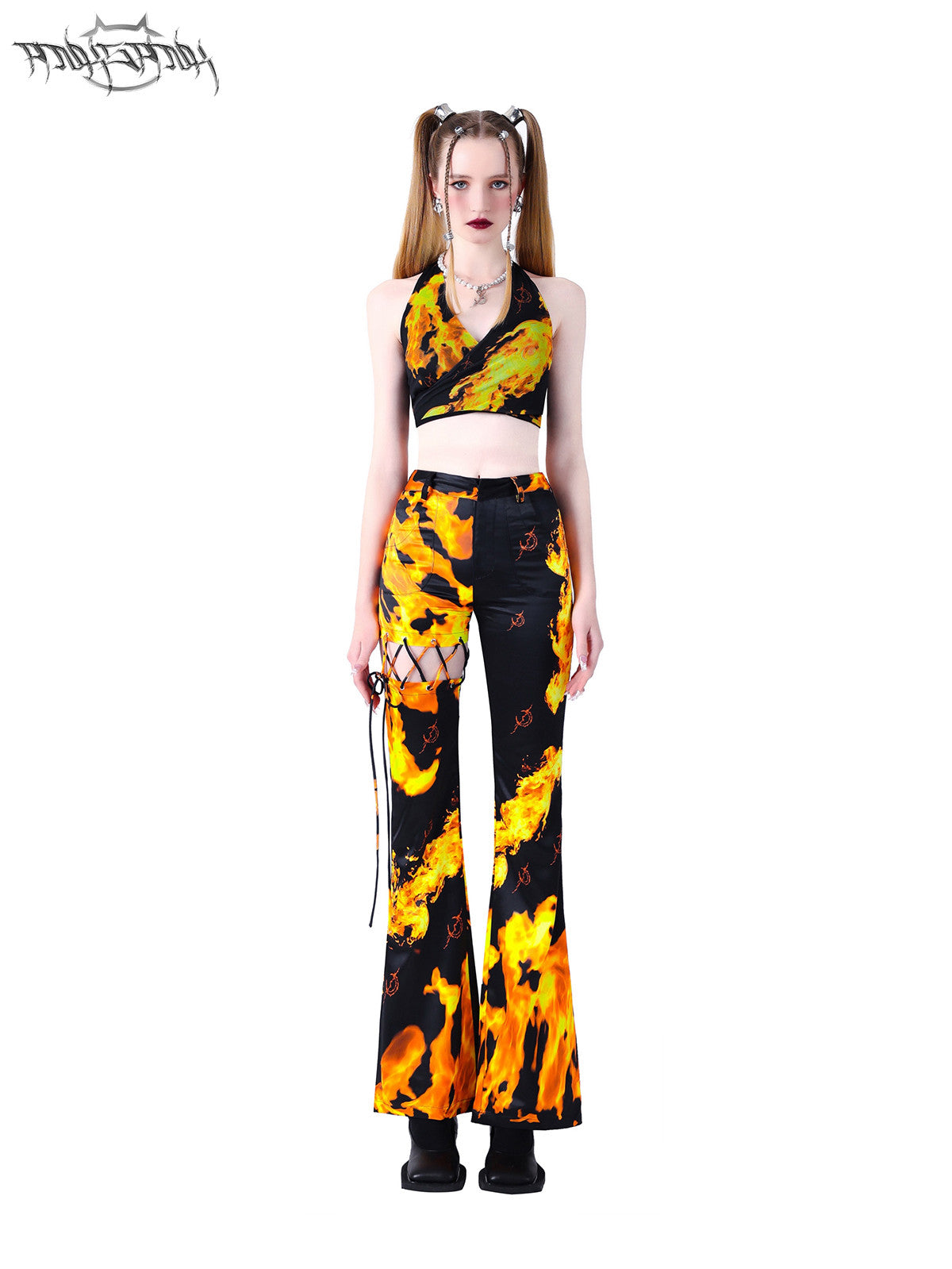 PINKSPINK FLAME halter crop top — black full-length front modeled view styled with flame-print pants