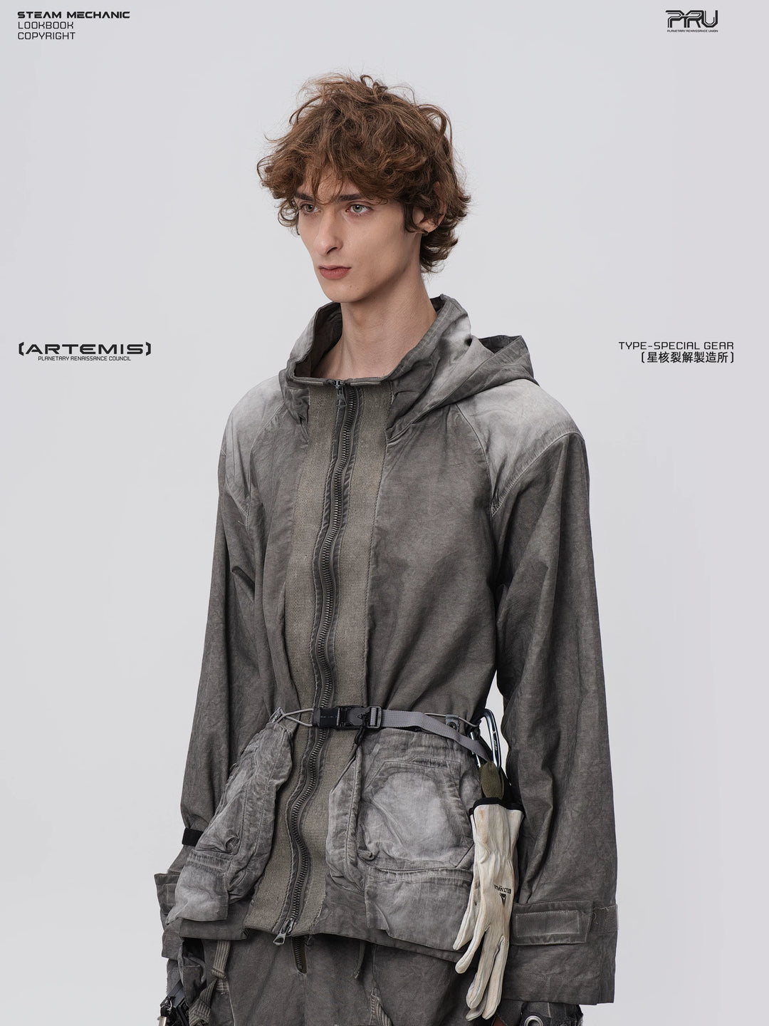 STARCORE meteor gray distressed work jacket — side modeled view