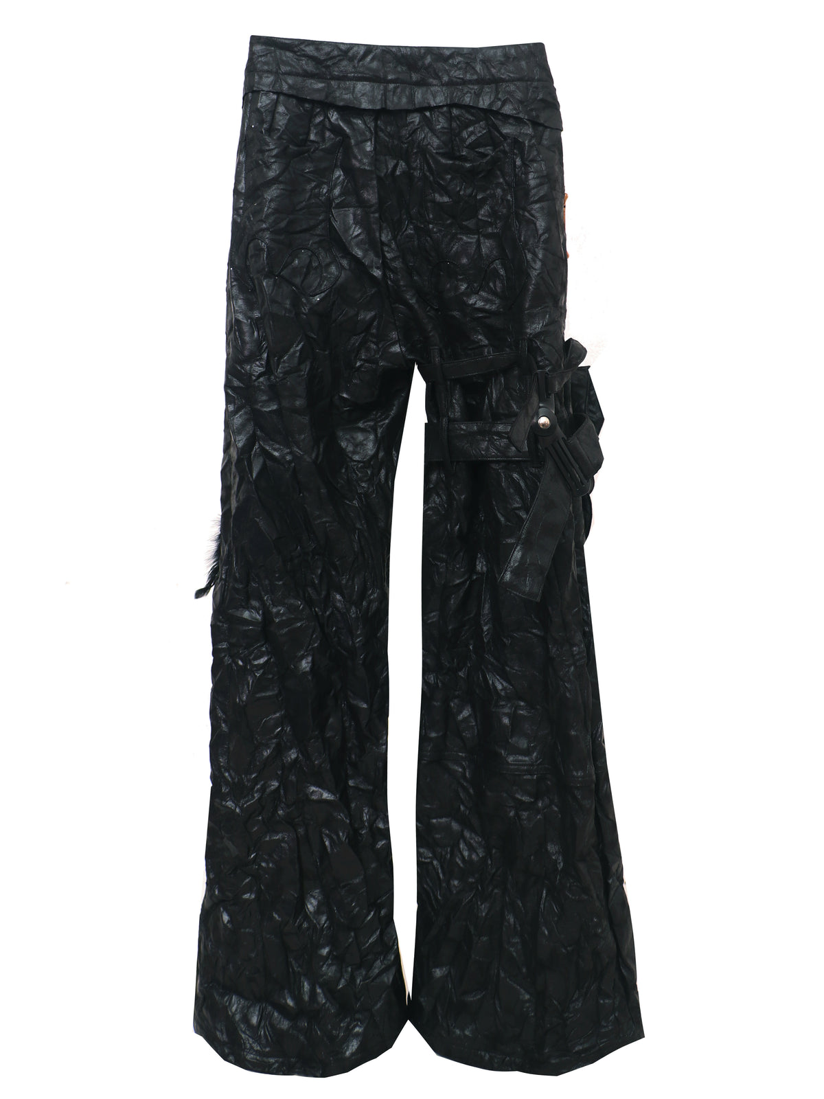 EMBRYO FEATHER LEG detachable-pouch flare pants — fabric and graphic detail