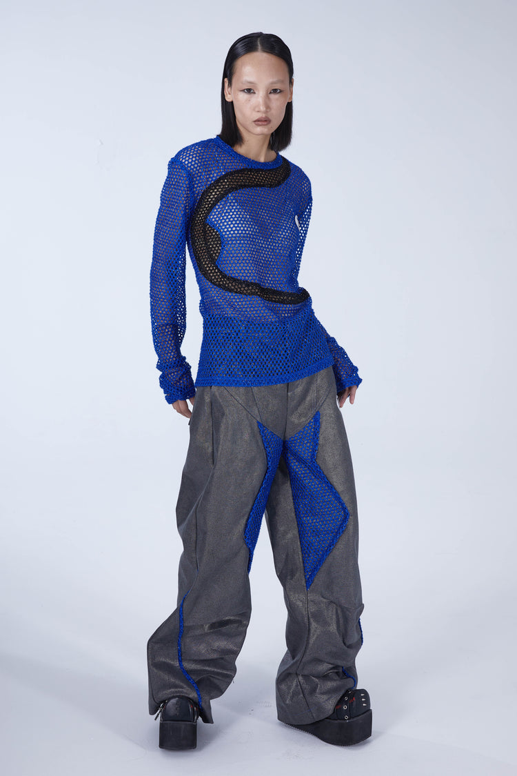 EMBRYO BLUE VOID cutout mesh finger-sleeve top — garment-only construction view