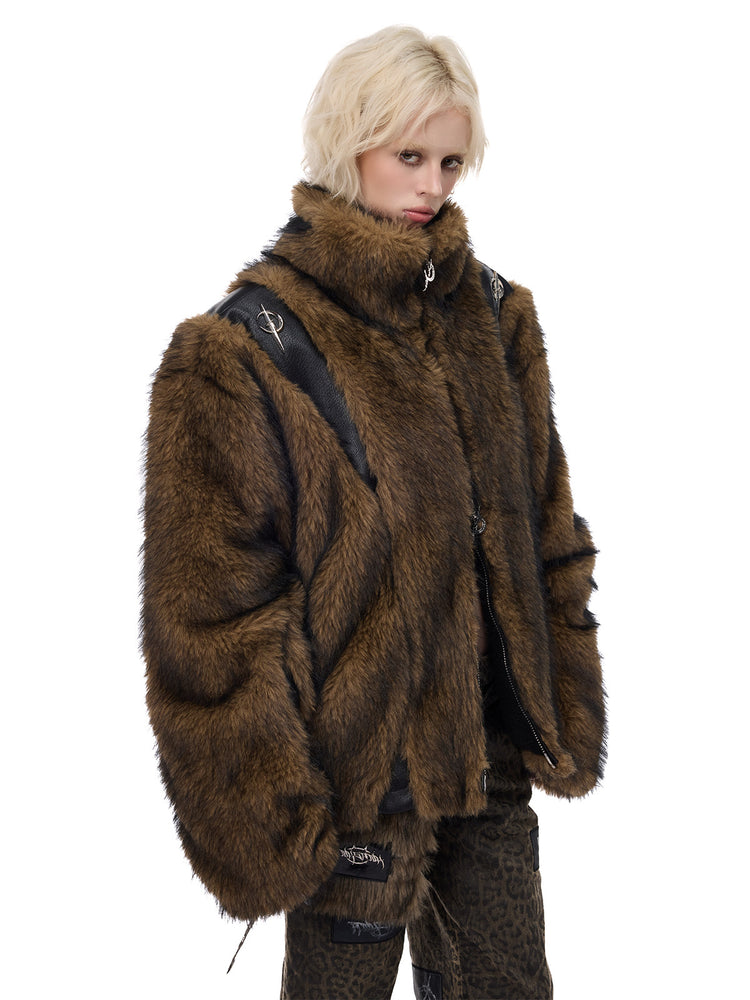 PINKSPINK ELECTRIC MOON paneled faux-fur jacket — three-quarter view of curved sleeve panels