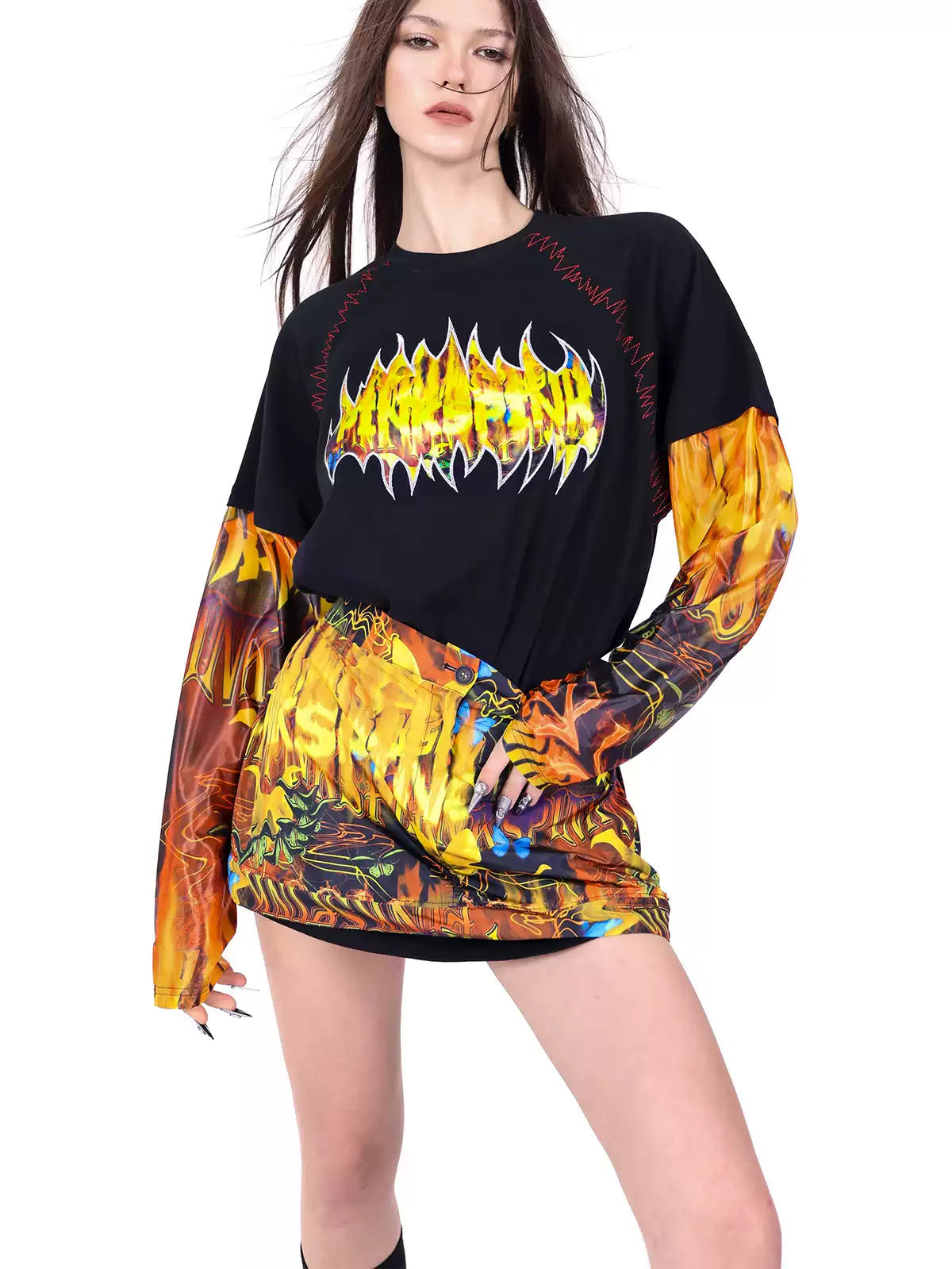 PINKSPINK FIRE CAT layered-sleeve graphic tee — close modeled view highlighting the construction