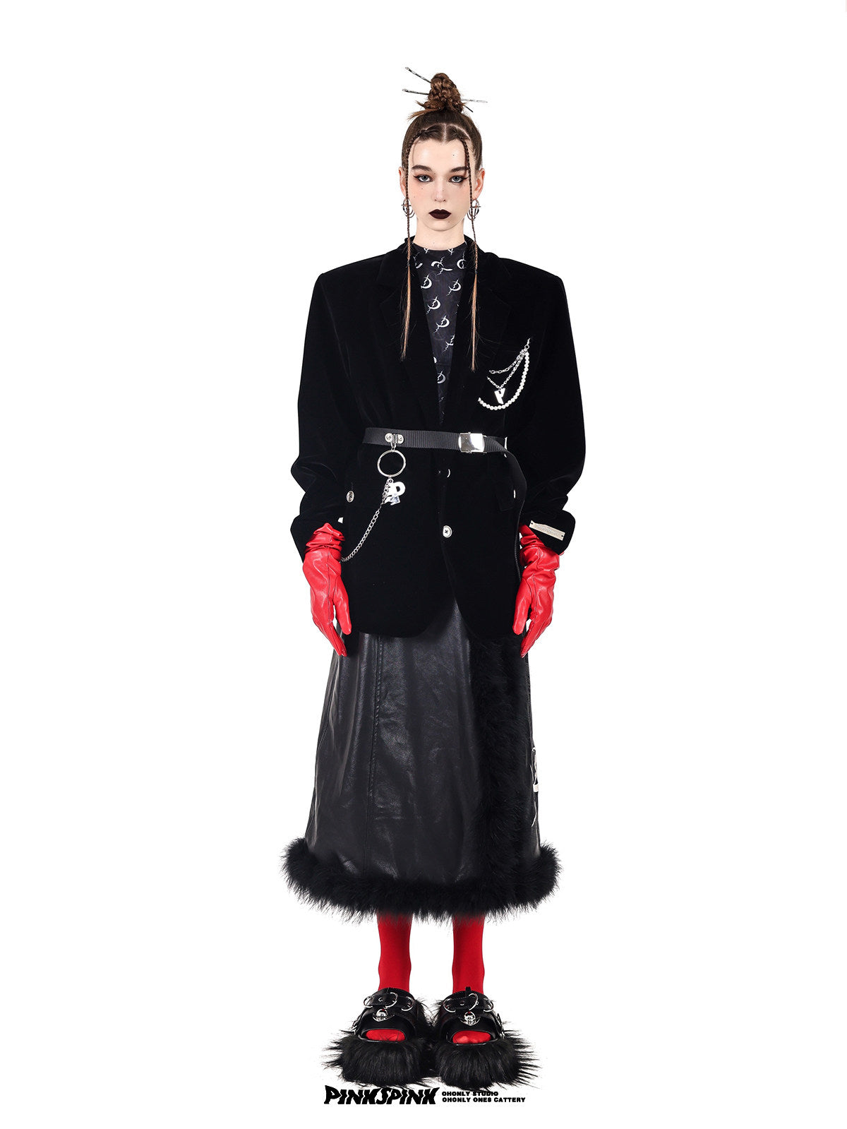 PINKSPINK DEAN pearl-chain velvet blazer — black full-length front view with belted styling
