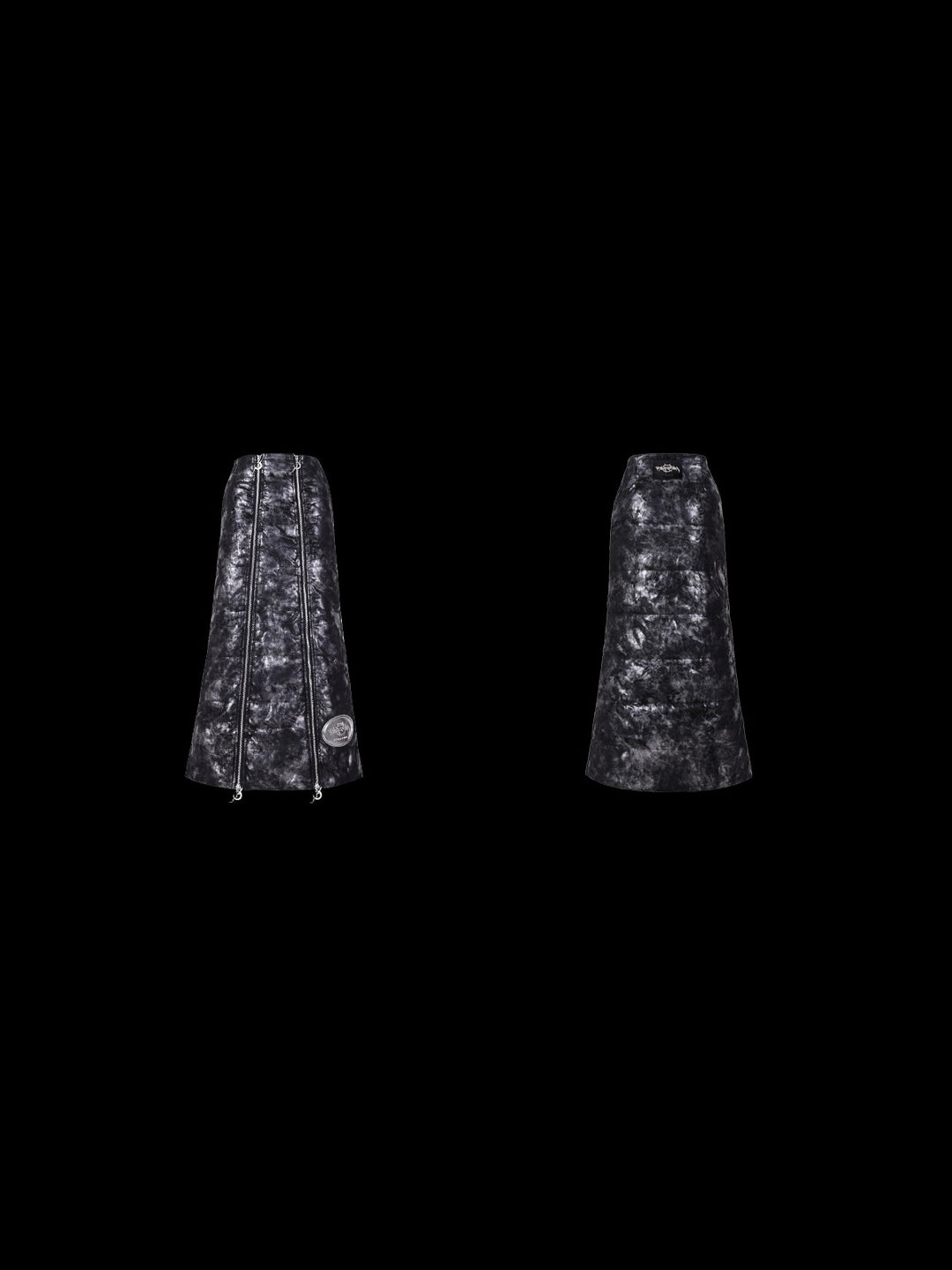 PINKSPINK ELECTRIC MOON metallic double-zip maxi skirt — black silver front and back garment-only views