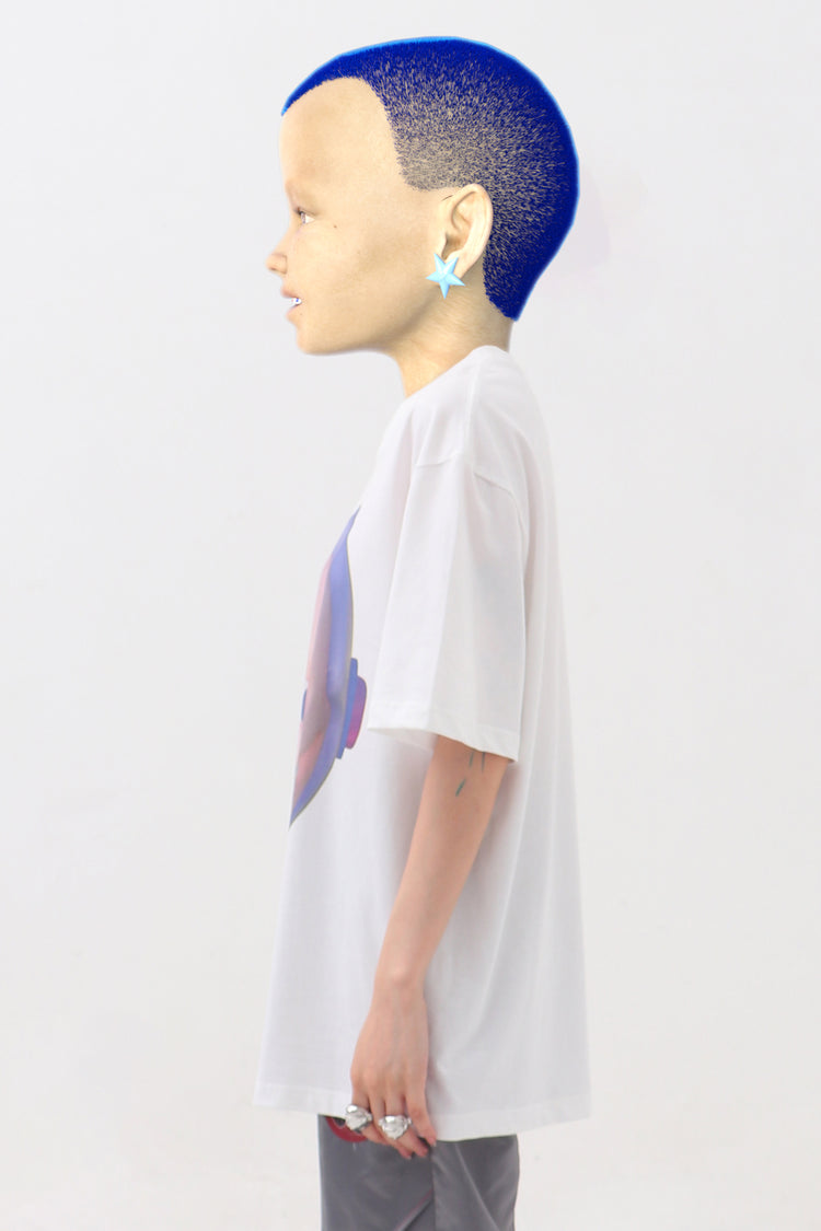 EMBRYO E23 LITTLE ONE oversized white graphic tee — fabric and graphic detail