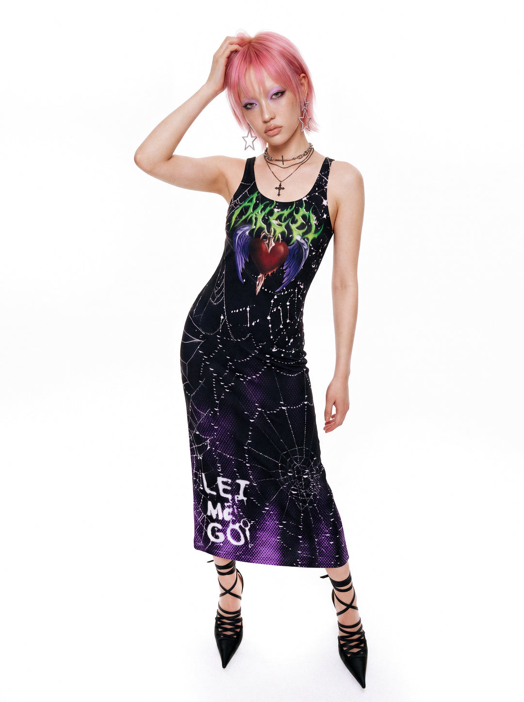 DEADENDKIDS DARK HEART fitted tank maxi dress — full-length modeled view
