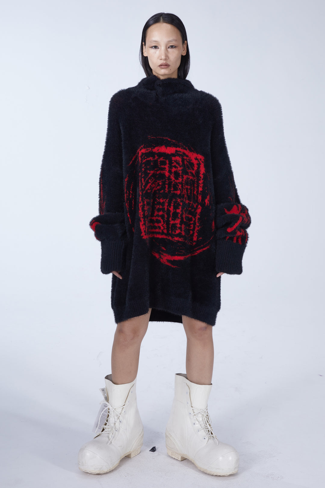EMBRYO IMPERIAL SEAL reversible faux-mink sweater — full-length modeled view