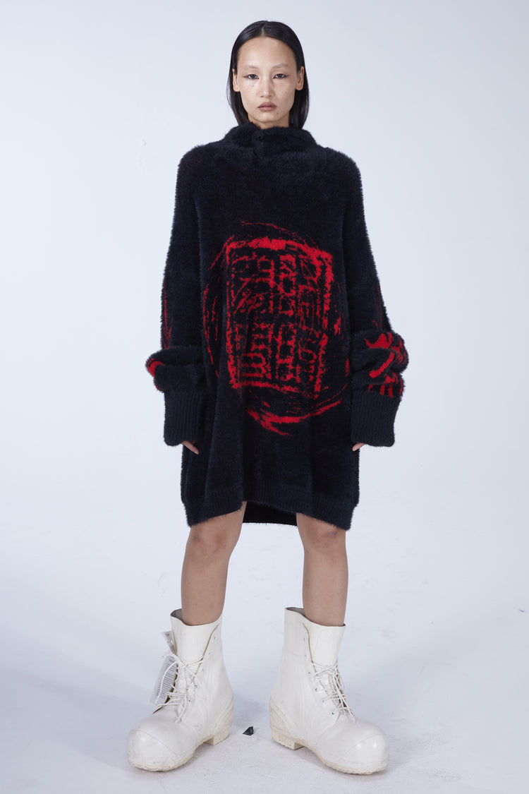 EMBRYO IMPERIAL SEAL reversible faux-mink sweater — full-length modeled view