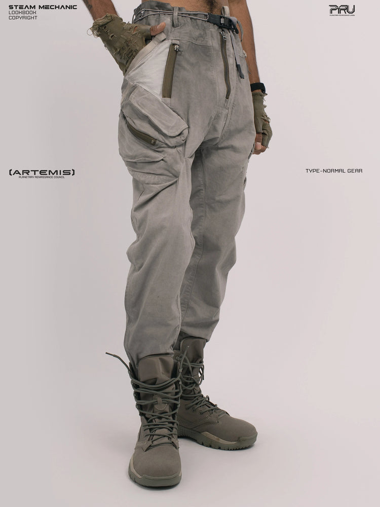 AEGIS lunar sea gray multi-pocket moto pants — three-quarter modeled view facing right