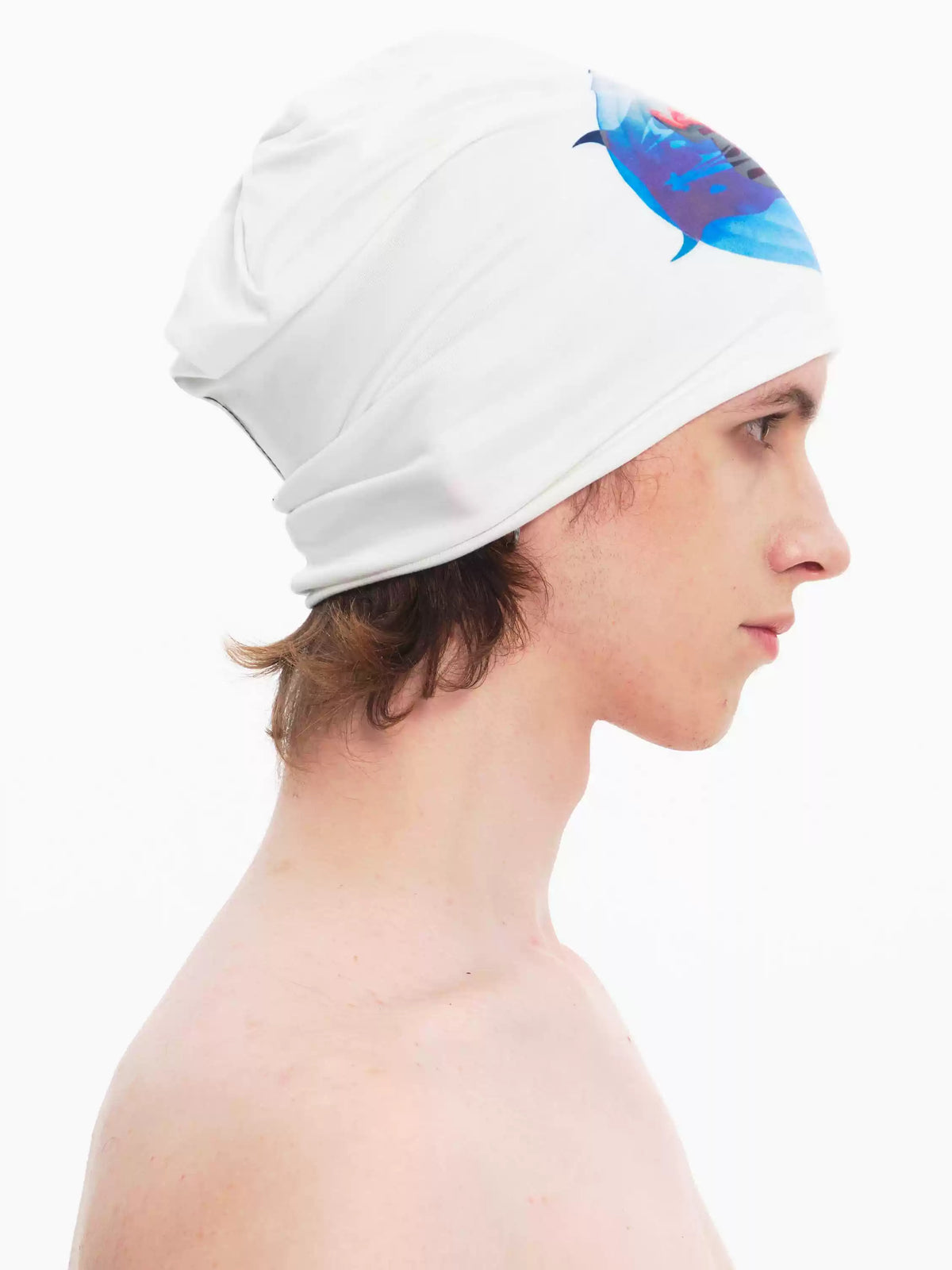 EMBRYO PLAN white graphic slouch beanie — side modeled view