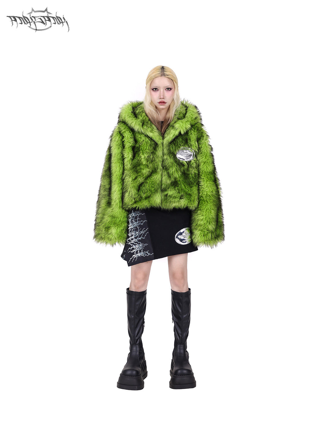 PINKSPINK NEON BEAST reversible faux-fur hooded jacket — close modeled view highlighting the construction