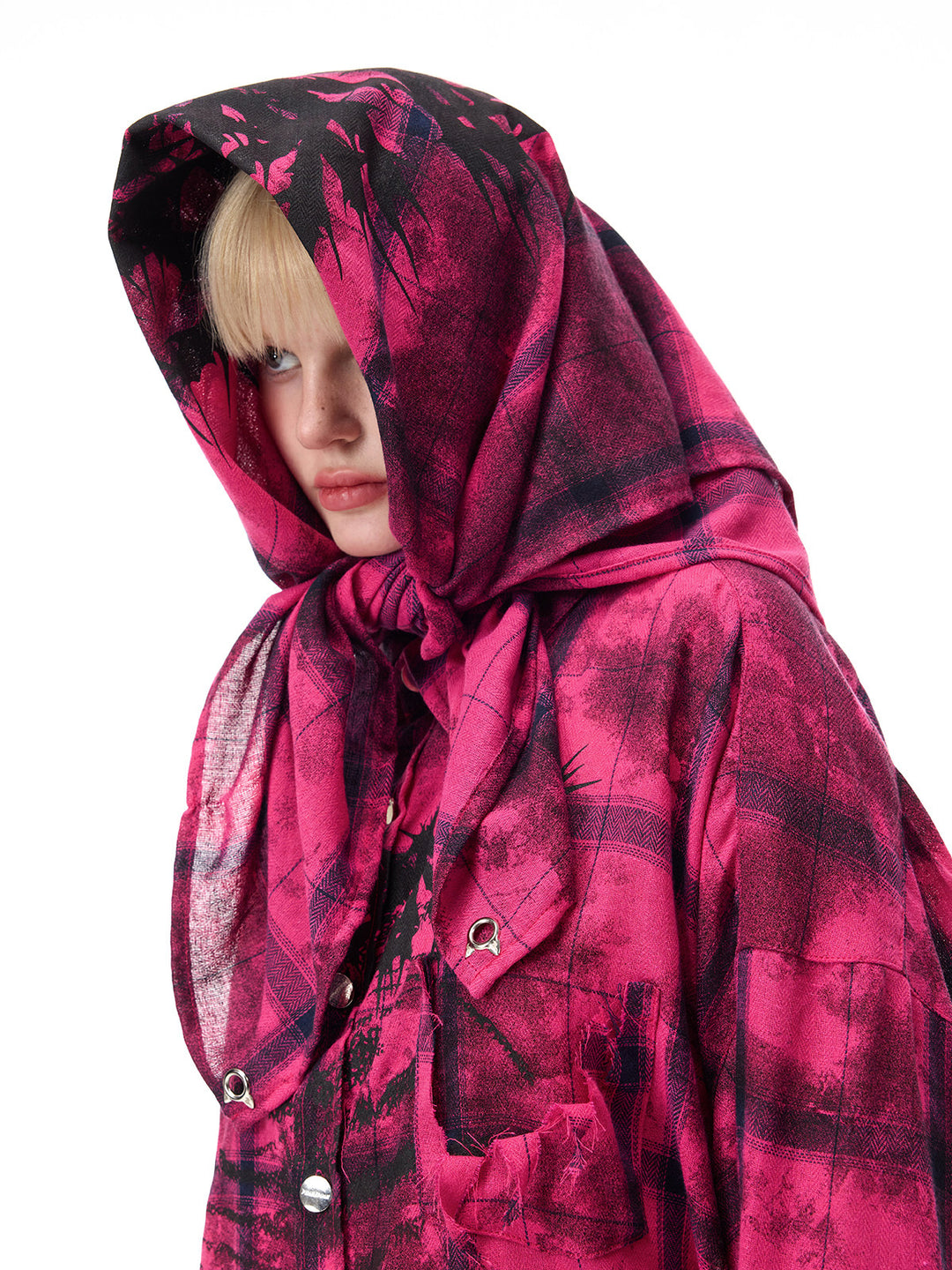 PINKSPINK THORN bandana bandeau top in pink and black — close angled headscarf styling view
