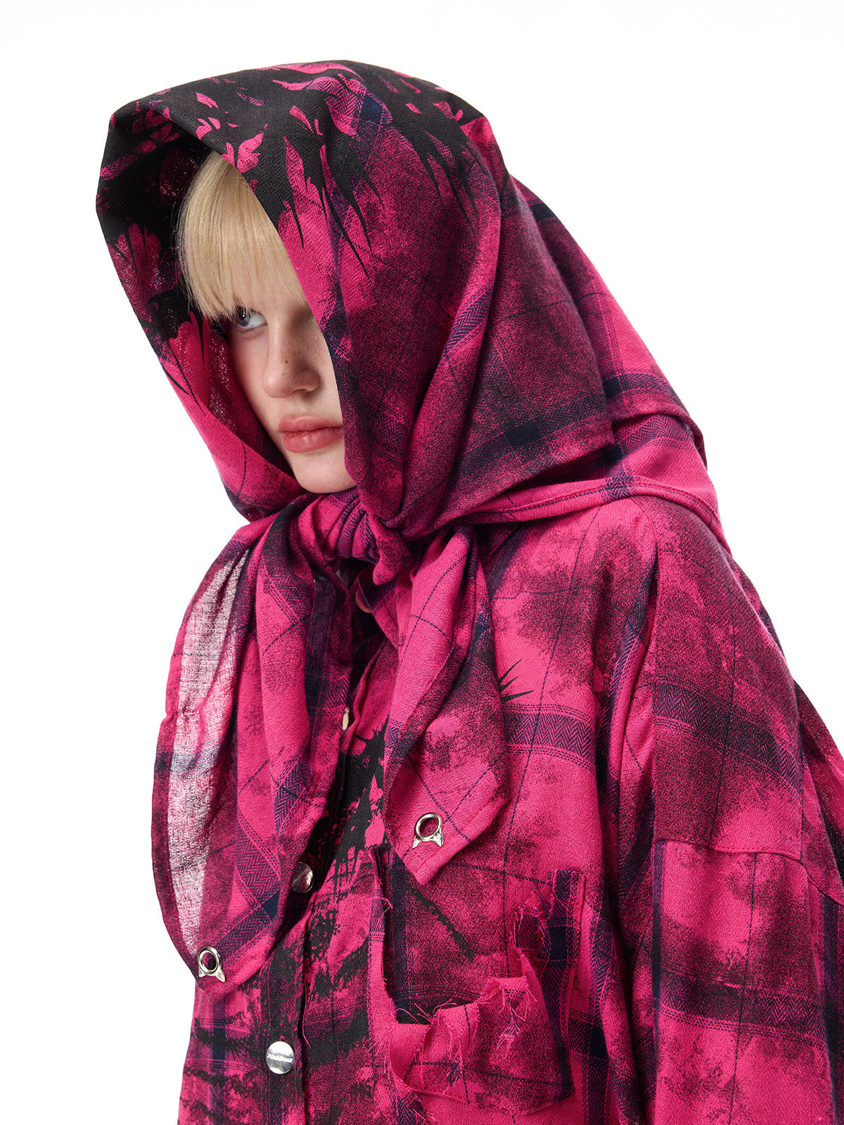 PINKSPINK THORN bandana bandeau top in pink and black — close angled headscarf styling view