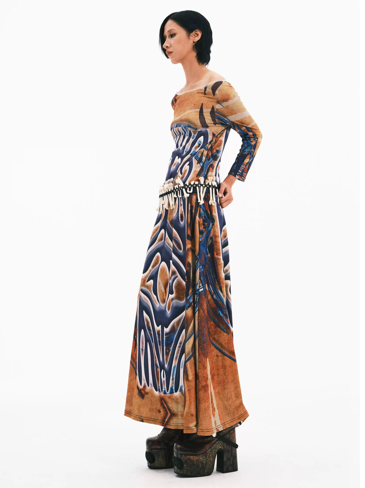 EMBRYO TRIBAL ENTITY off-shoulder maxi dress — three-quarter modeled view