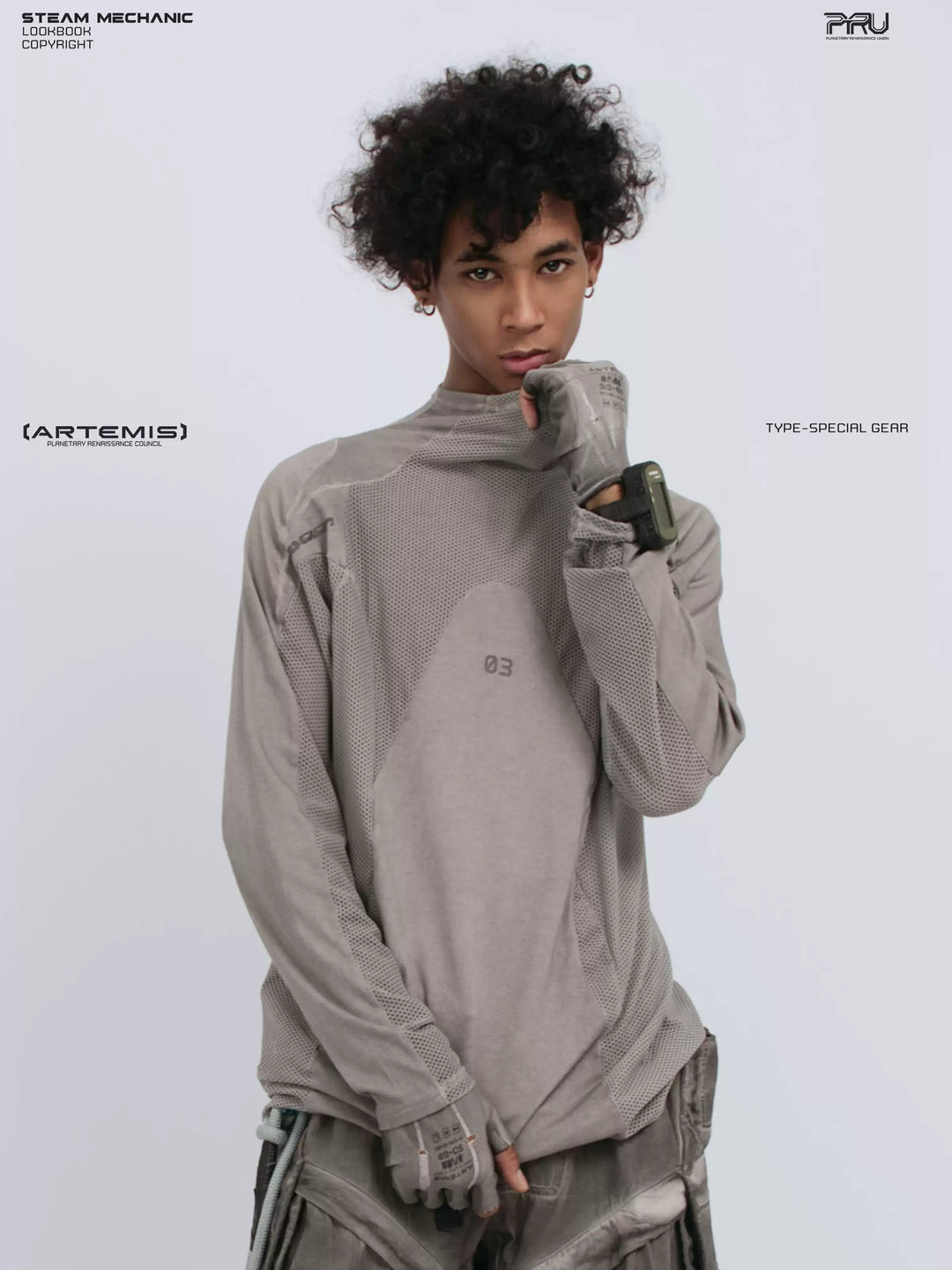 STARCORE mesh-panel long-sleeve top in dusk cloud gray — front modeled close-up with collar lifted