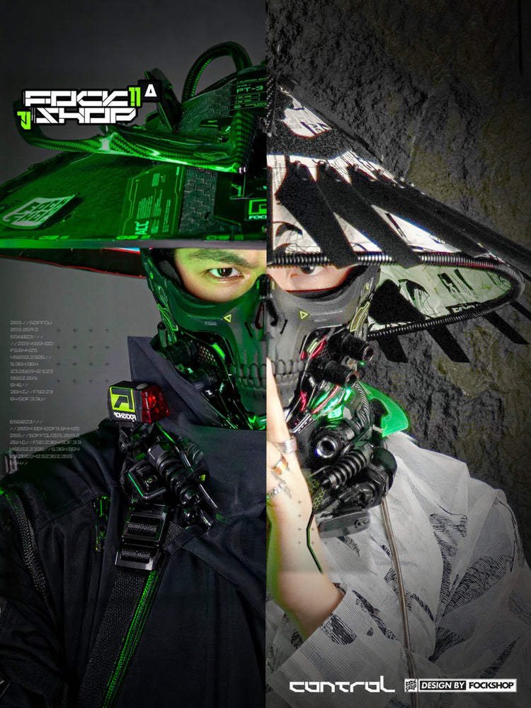 FOCKSHOP STARPOLE skull cyber mask — black skull mask in a modeled cyberpunk costume portrait