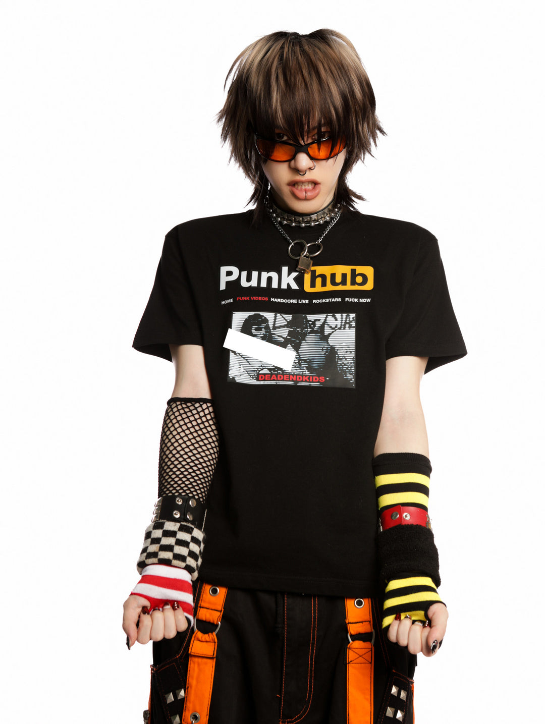 DeadEndKids PunkHub black graphic T-shirt — front modeled gallery view