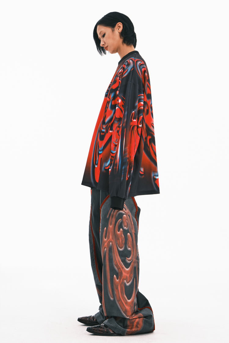 EMBRYO RED TOTEM coated wide-leg pants — material and hardware detail