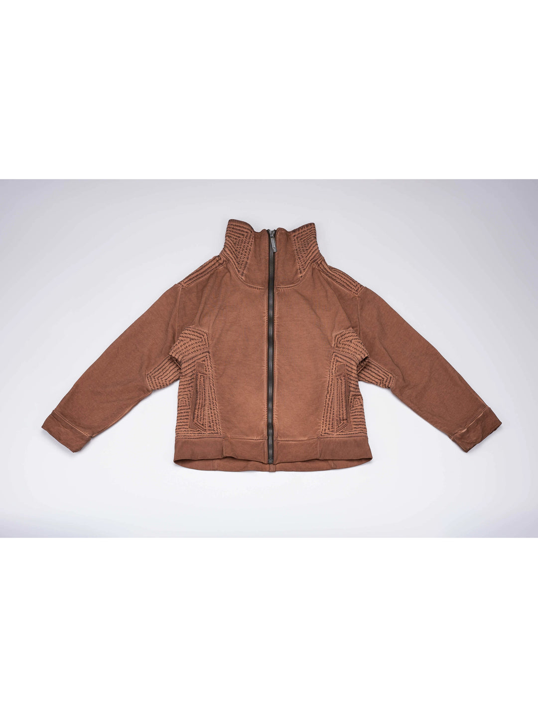 PIONEER venus orange distressed protection zip jacket — front flat-lay view showing the washed orange finish and geometric pleated panels
