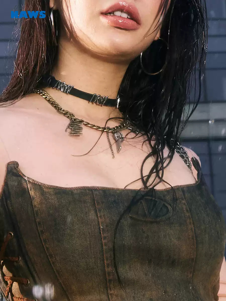 NAWS DIESEL WRAP antique chain necklace — modeled front styling view