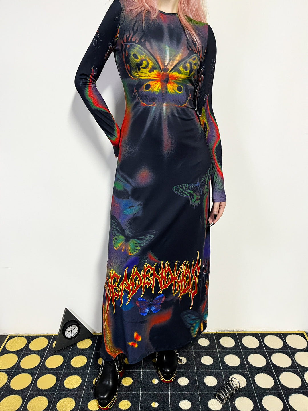DEADENDKIDS BUTTERFLY GOTH fitted long-sleeve maxi dress — rear or construction presentation