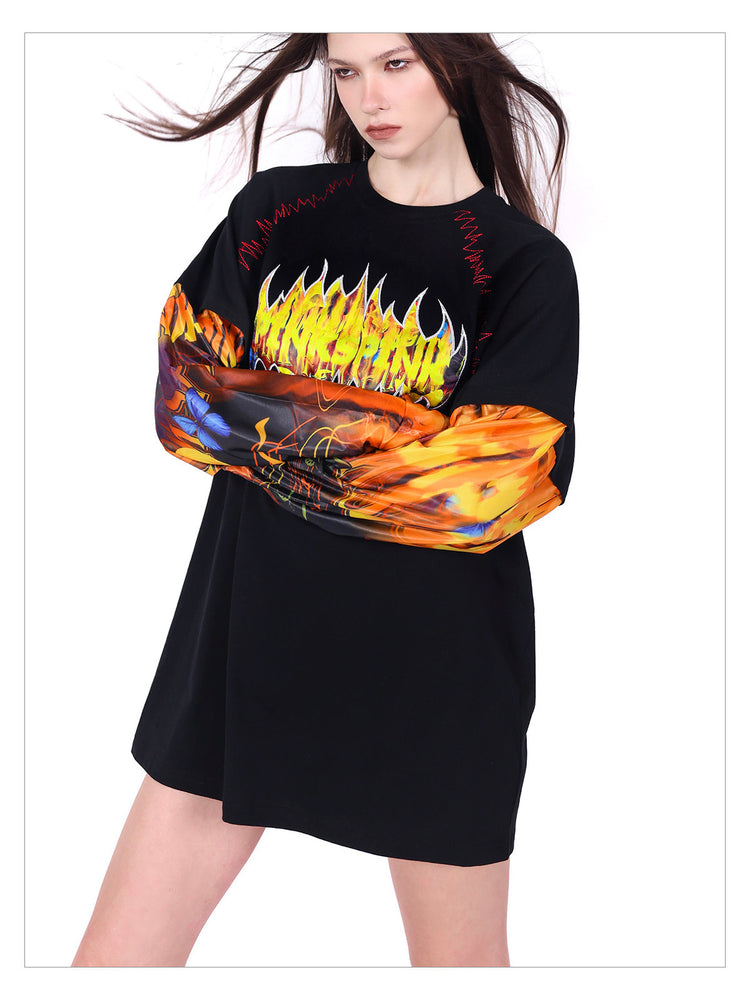 PINKSPINK FIRE CAT layered-sleeve graphic tee — catalog view showing the design and silhouette