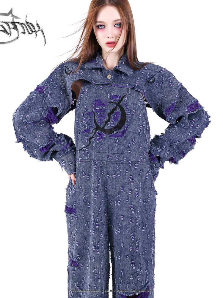 PINKSPINK BROKEN VIOLET distressed denim cropped jacket — full-length modeled styling view
