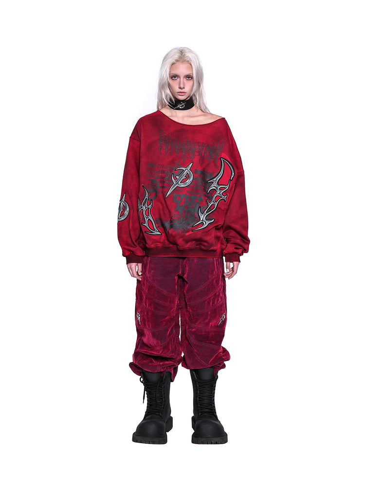 PINKSPINK ELECTRIC MOON off-shoulder sweatshirt in RED — straight front view with a relaxed crew-neck styling.