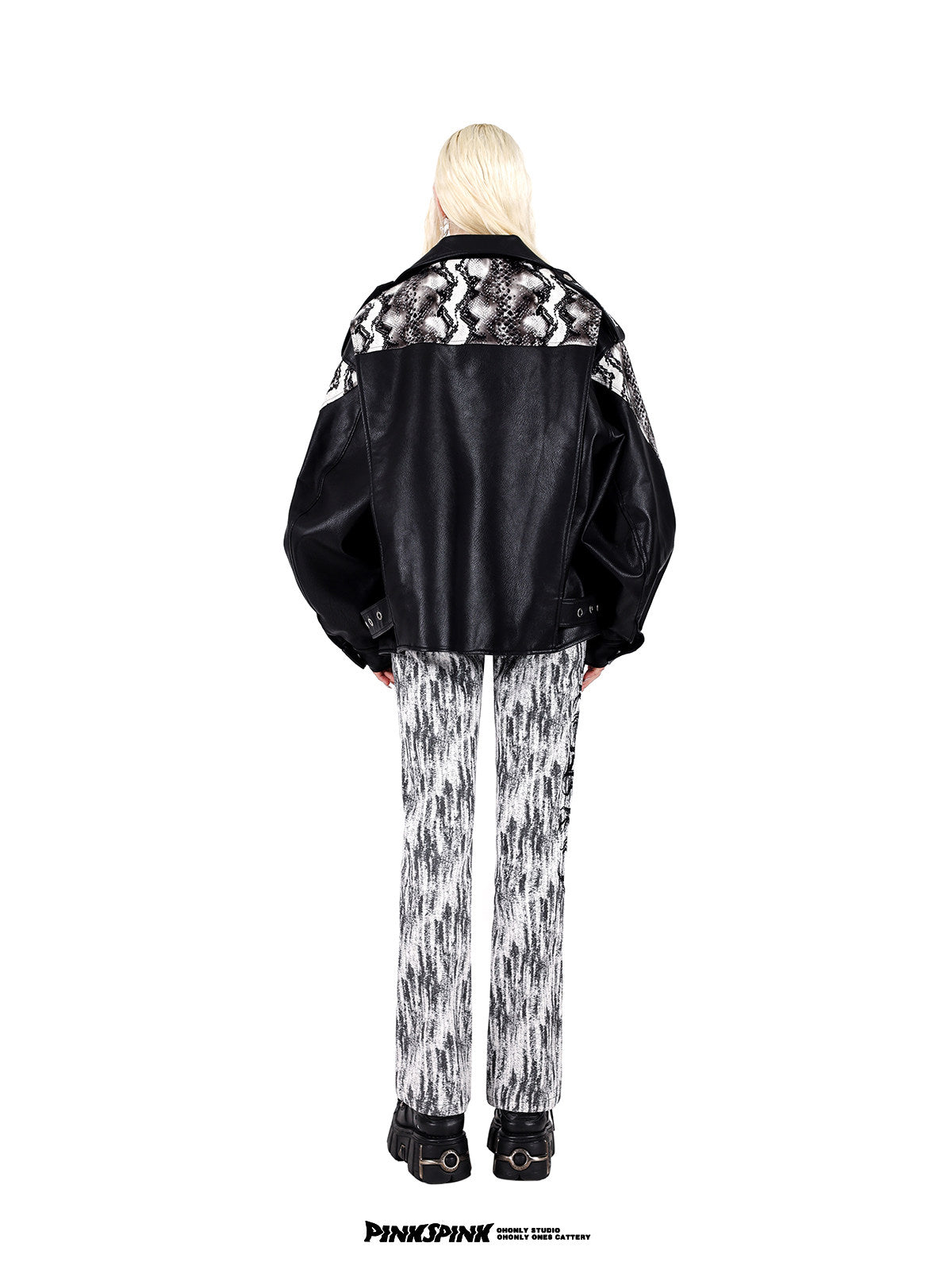 PINKSPINK COBRA snake-print faux-leather moto jacket — black full-length back view styled with printed trousers