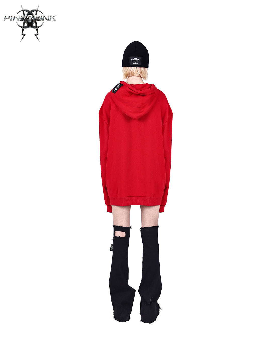 PINKSPINK MIRROR rhinestone-drawcord oversized hoodie — rear full-length modeled view in red
