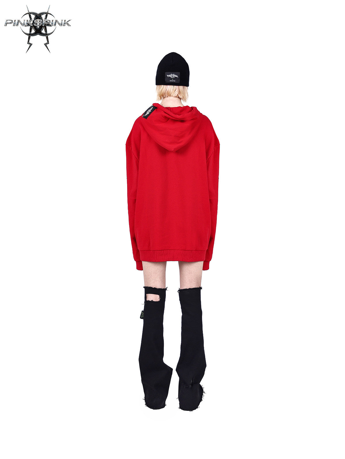 PINKSPINK MIRROR rhinestone-drawcord oversized hoodie — rear full-length modeled view in red