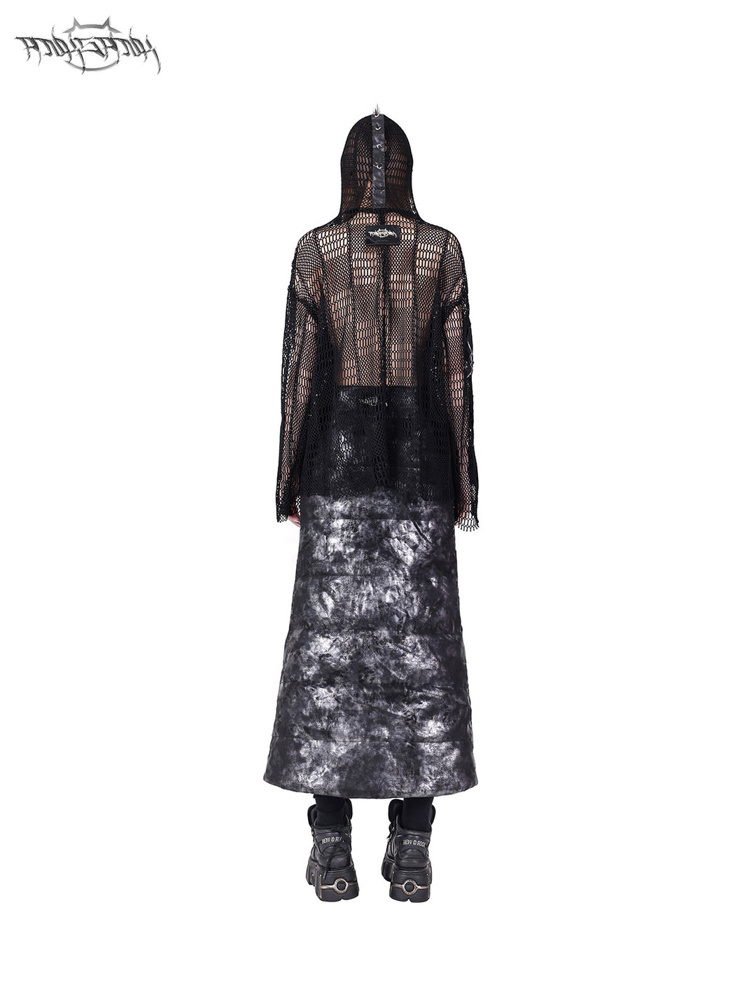 PINKSPINK ELECTRIC MOON spiked open-mesh zip hoodie in black — rear full-length modeled view styled with a zip-panel skirt