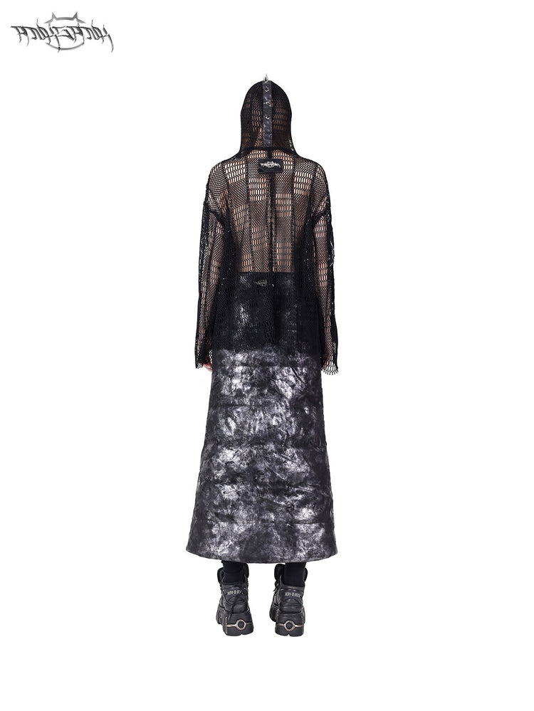 PINKSPINK ELECTRIC MOON spiked open-mesh zip hoodie in black — rear full-length modeled view styled with a zip-panel skirt