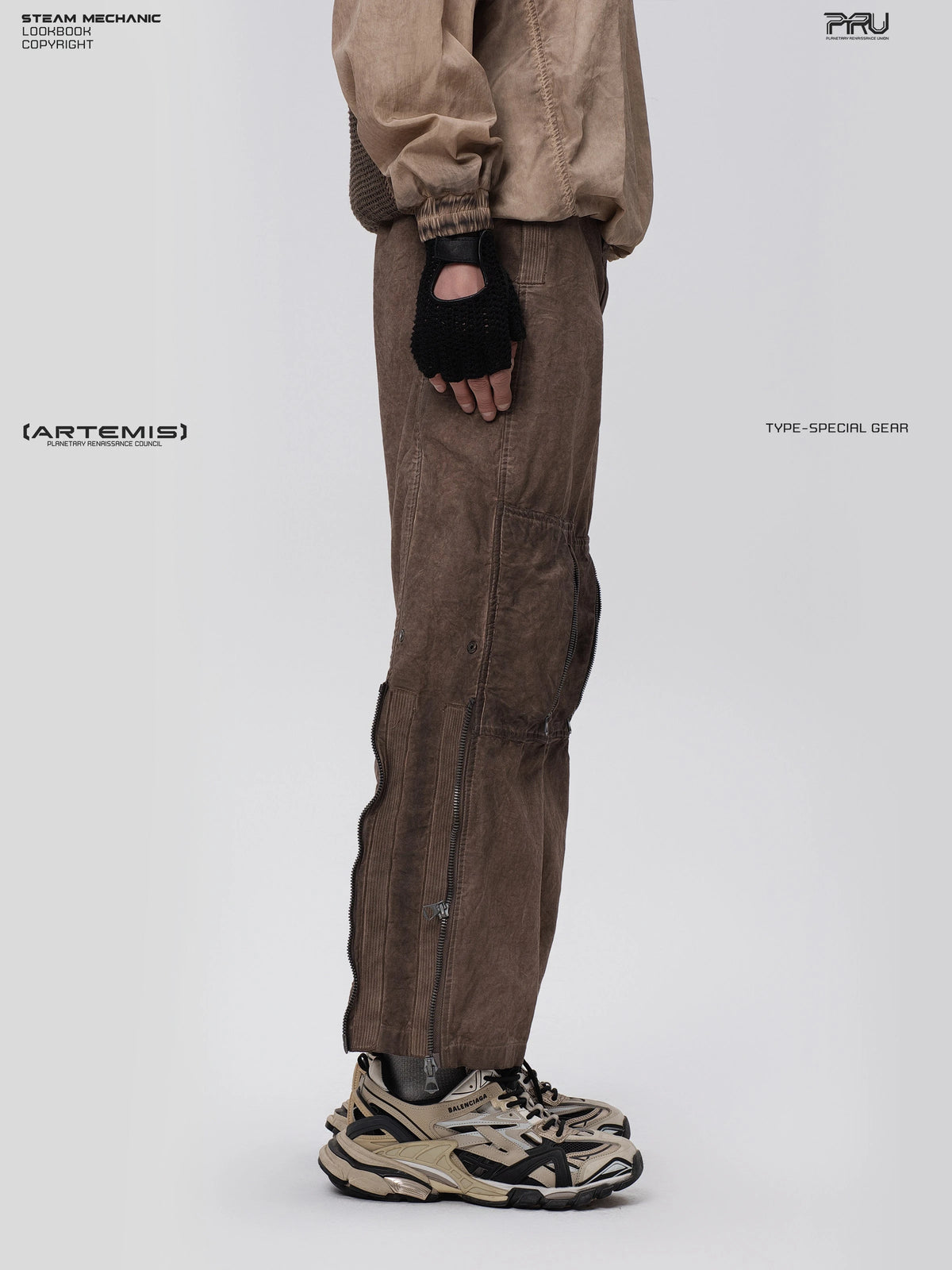 PIONEER ochre brown knee-mesh utility work pants — full-length styled view