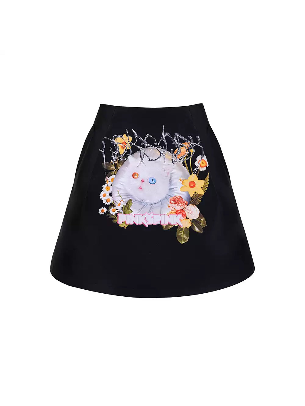 PINKSPINK GARFIELD graphic mini skirt — black front garment-only view showing the flared silhouette
