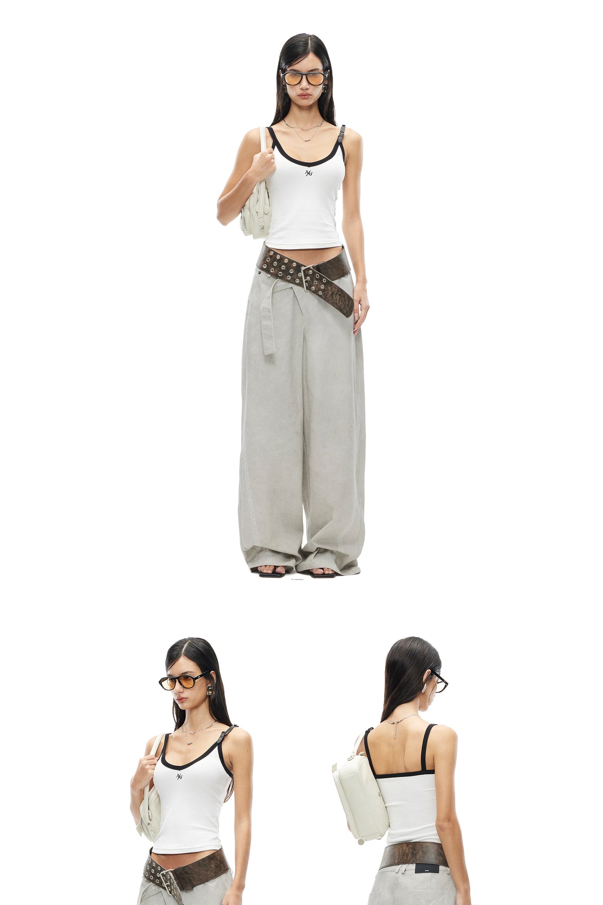 NAWS MONA leather-belt camisole — full-length modeled styling view